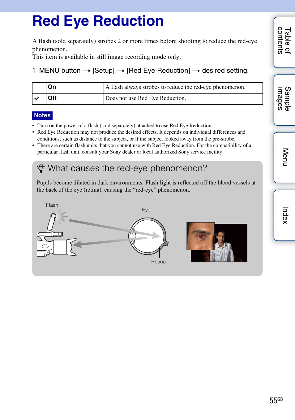 Red eye reduction, What causes the red-eye phenomenon | Sony NEX-VG10 User Manual | Page 55 / 95