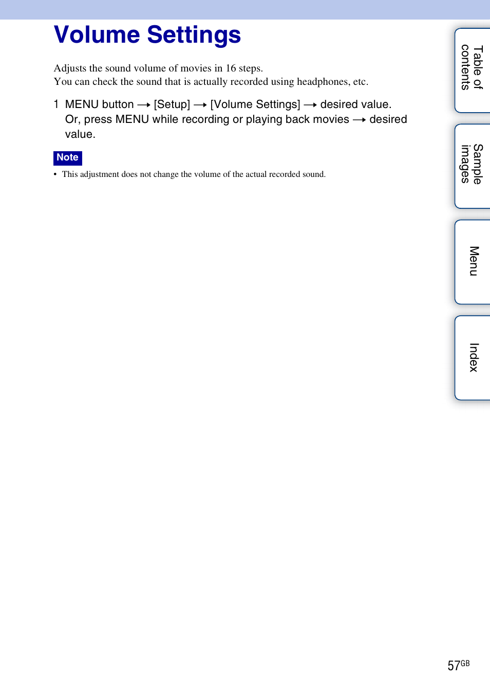 Volume settings | Sony NEX-VG10 User Manual | Page 57 / 95