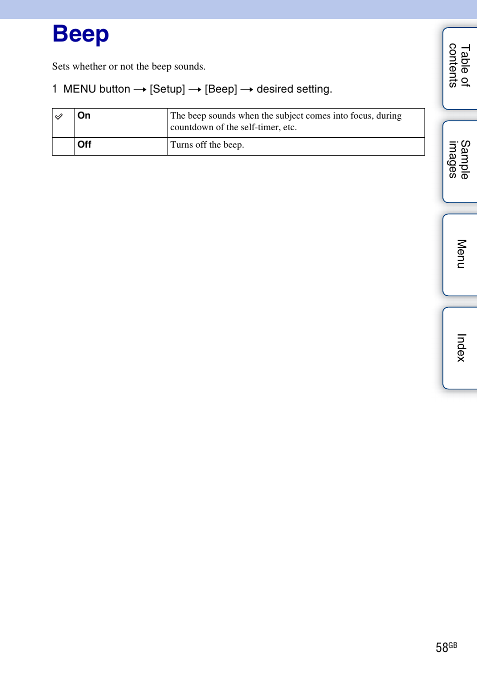 Beep | Sony NEX-VG10 User Manual | Page 58 / 95