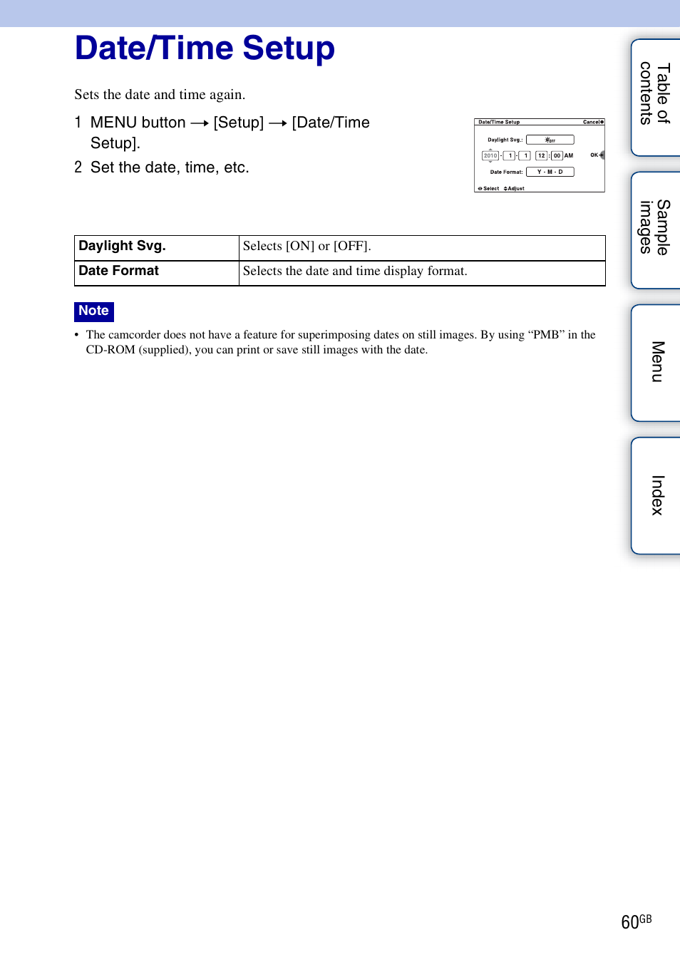 Date/time setup | Sony NEX-VG10 User Manual | Page 60 / 95