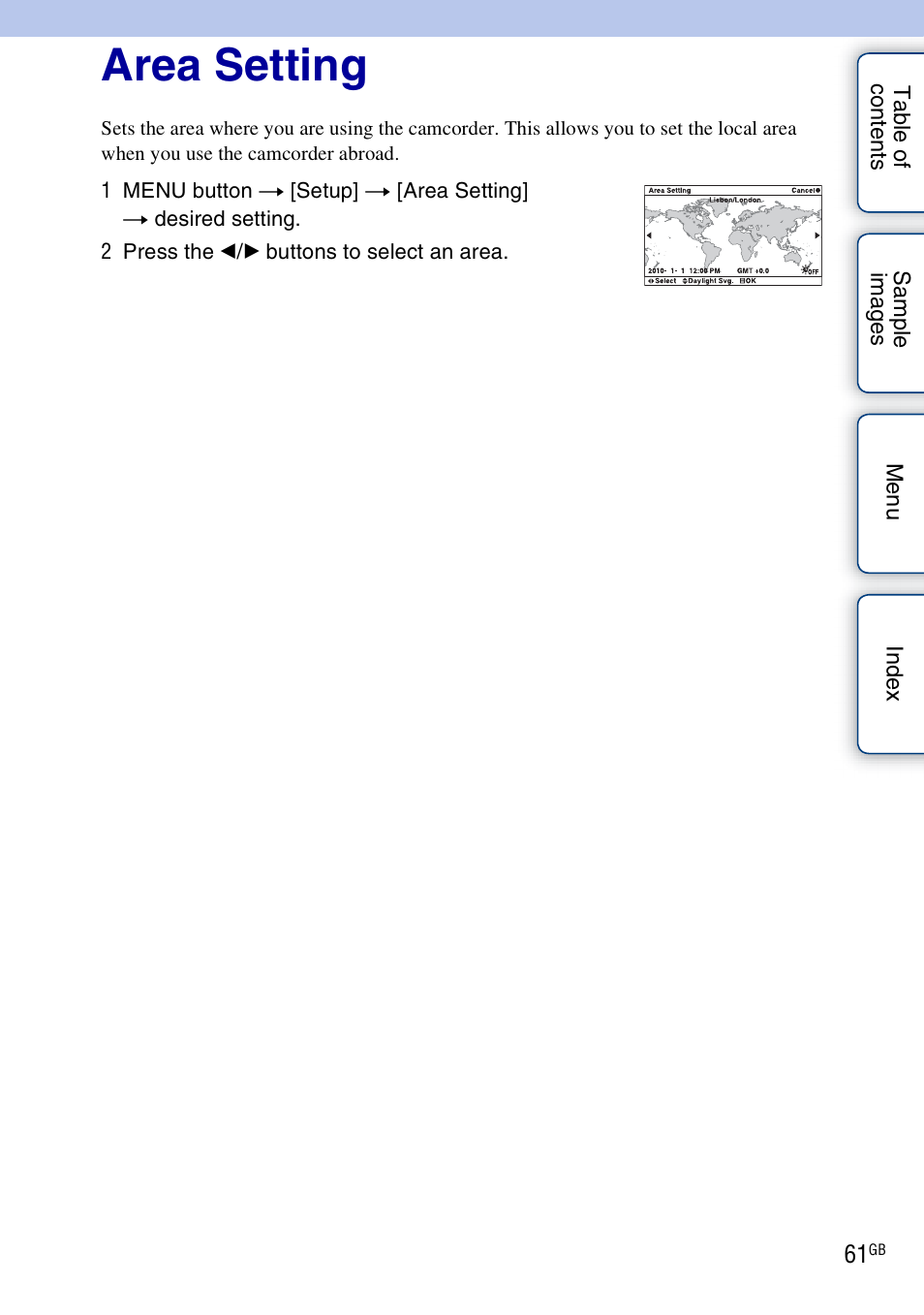 Area setting | Sony NEX-VG10 User Manual | Page 61 / 95