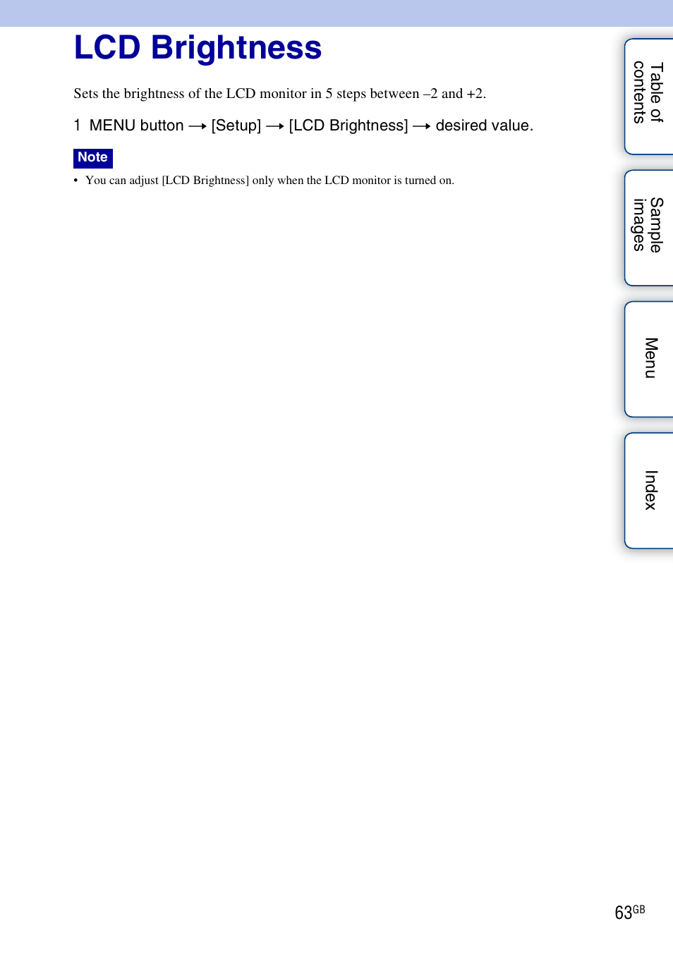 Lcd brightness | Sony NEX-VG10 User Manual | Page 63 / 95
