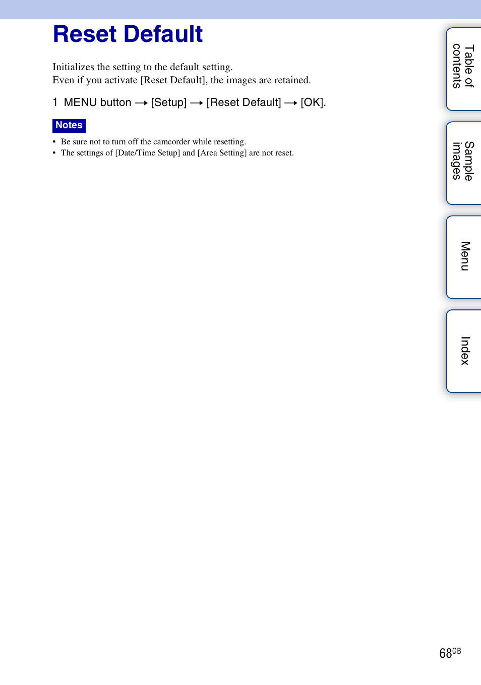 Reset default | Sony NEX-VG10 User Manual | Page 68 / 95