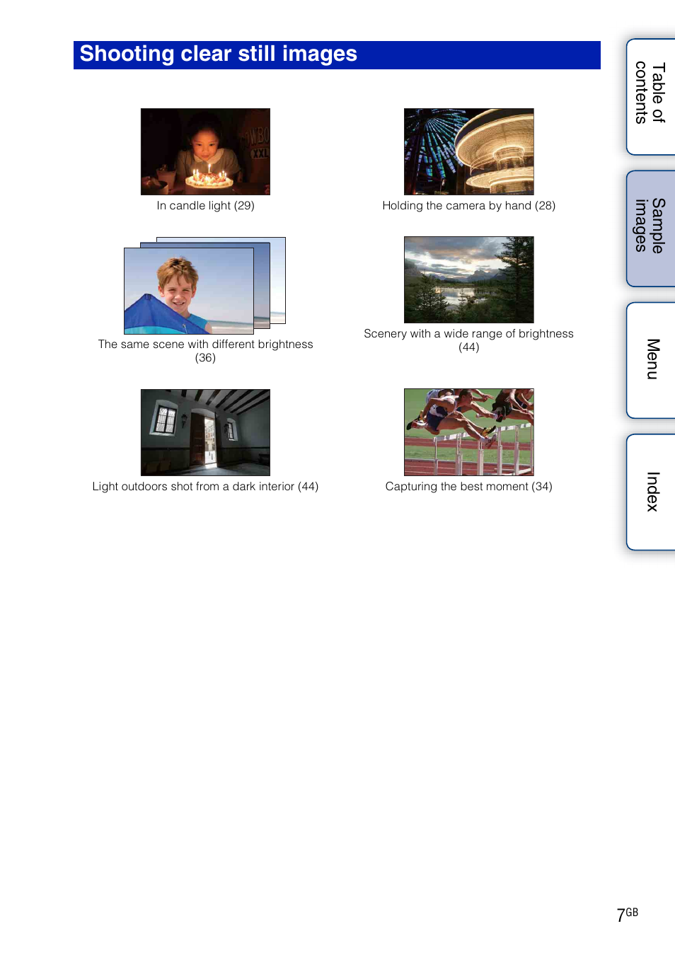 Shooting clear still images (p | Sony NEX-VG10 User Manual | Page 7 / 95