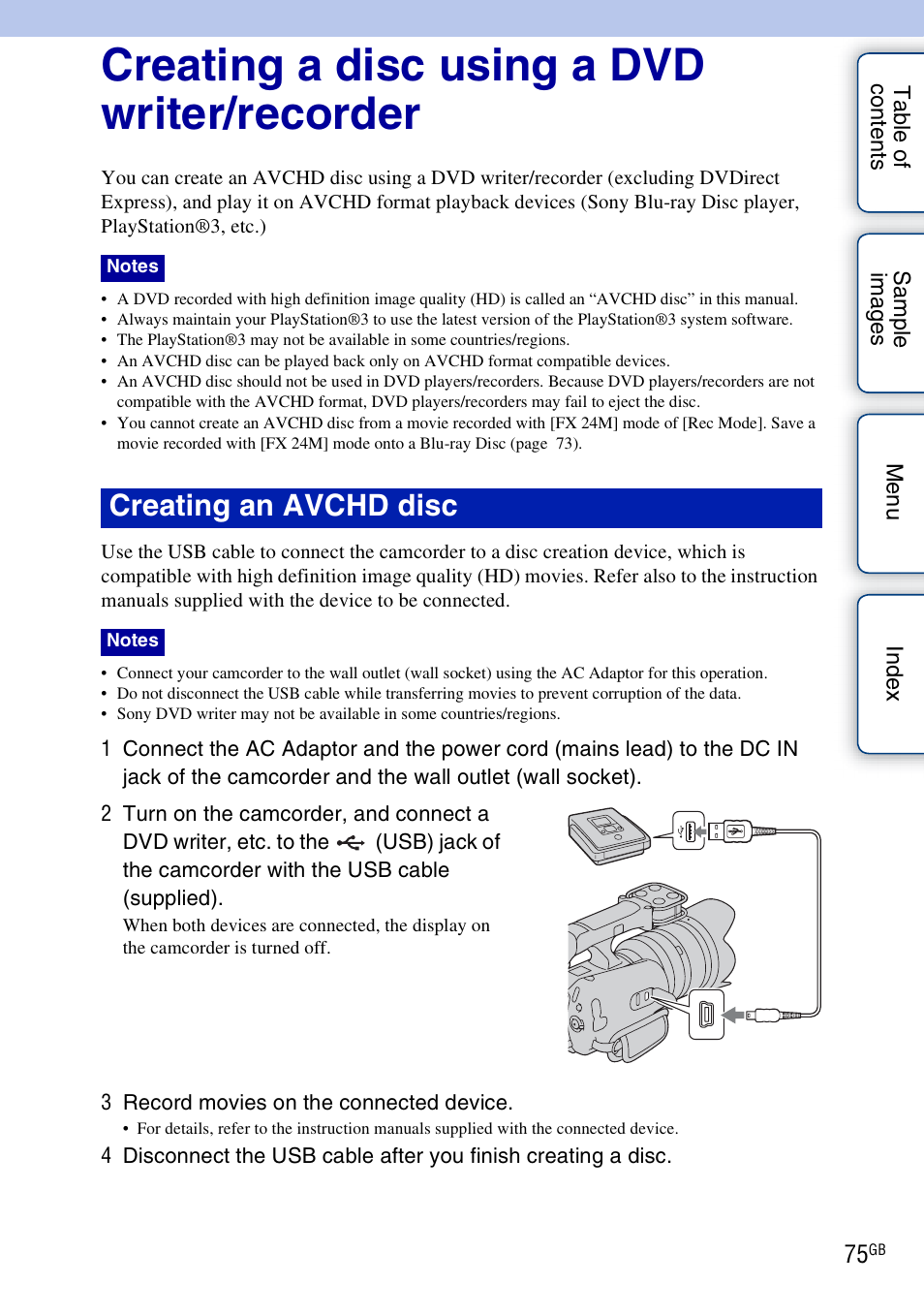 Creating a disc using a dvd writer/recorder, Creating an avchd disc | Sony NEX-VG10 User Manual | Page 75 / 95