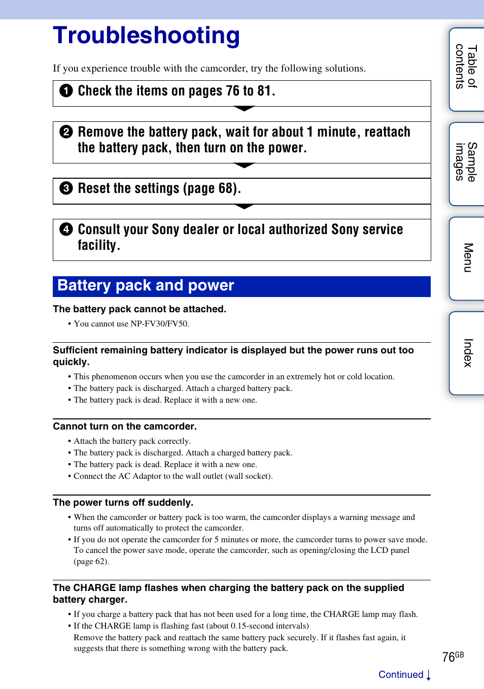 Troubleshooting, Battery pack and power | Sony NEX-VG10 User Manual | Page 76 / 95