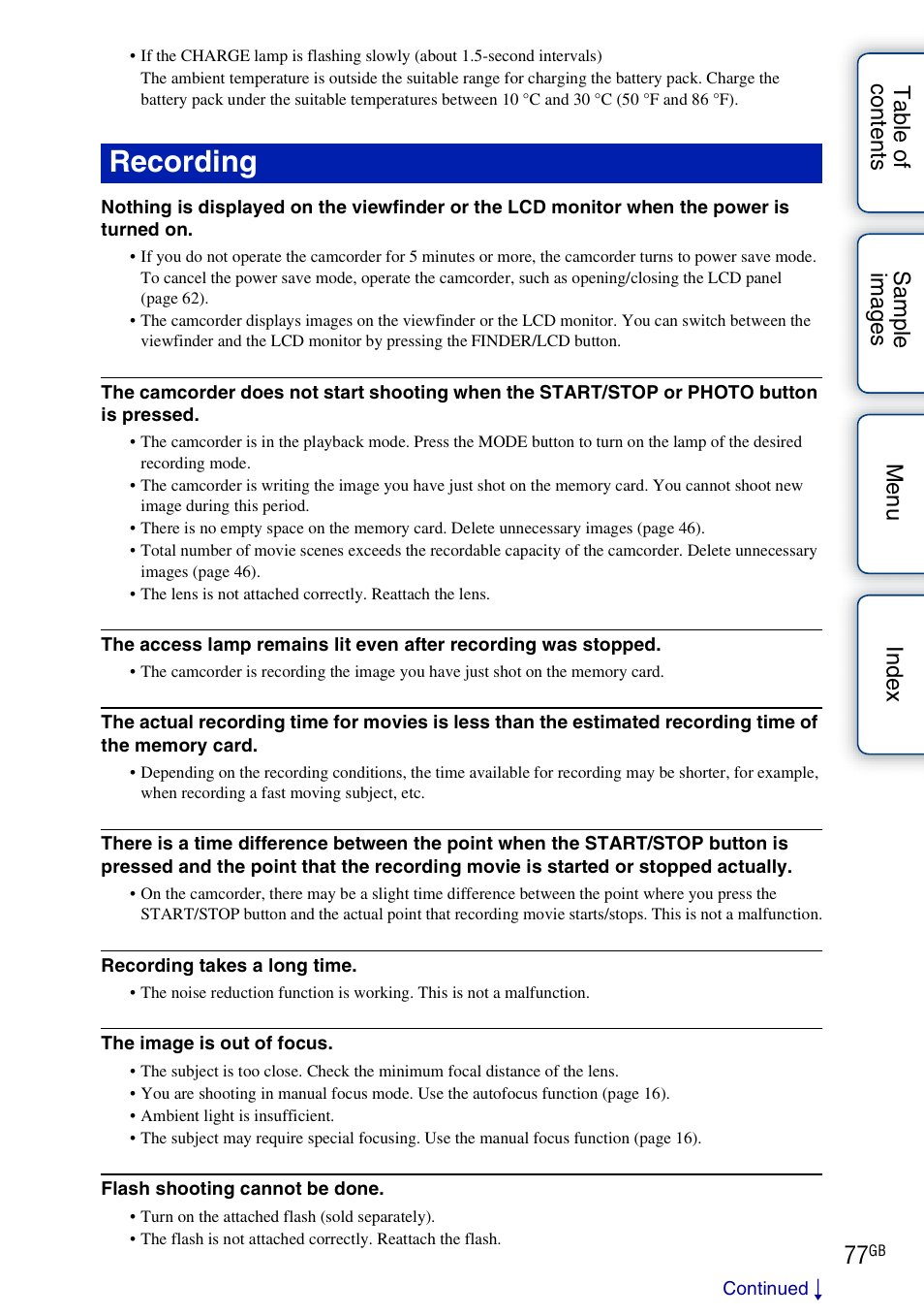 Recording | Sony NEX-VG10 User Manual | Page 77 / 95