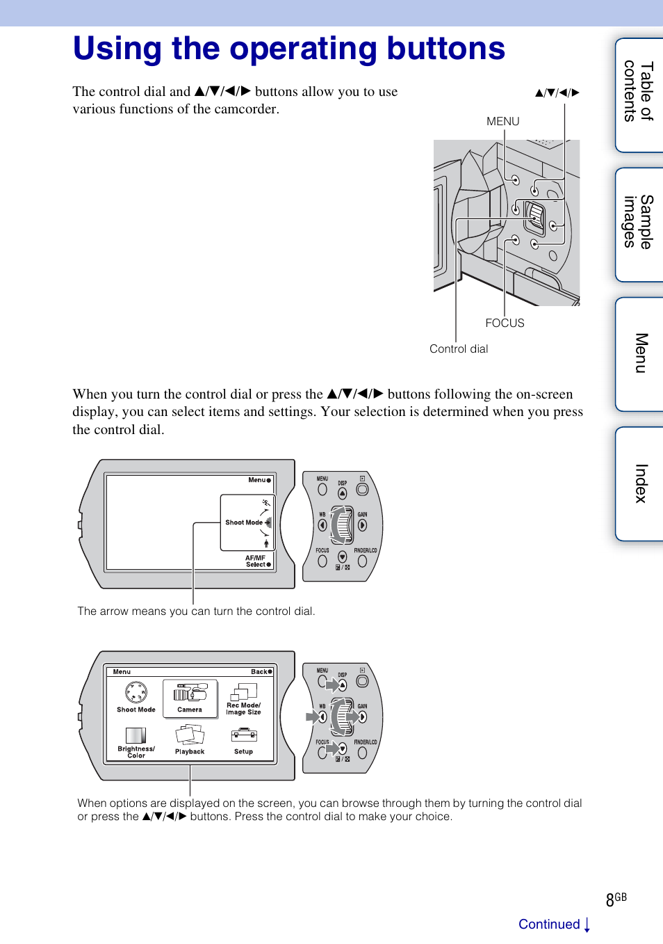 Using the operating buttons, Basic operations | Sony NEX-VG10 User Manual | Page 8 / 95