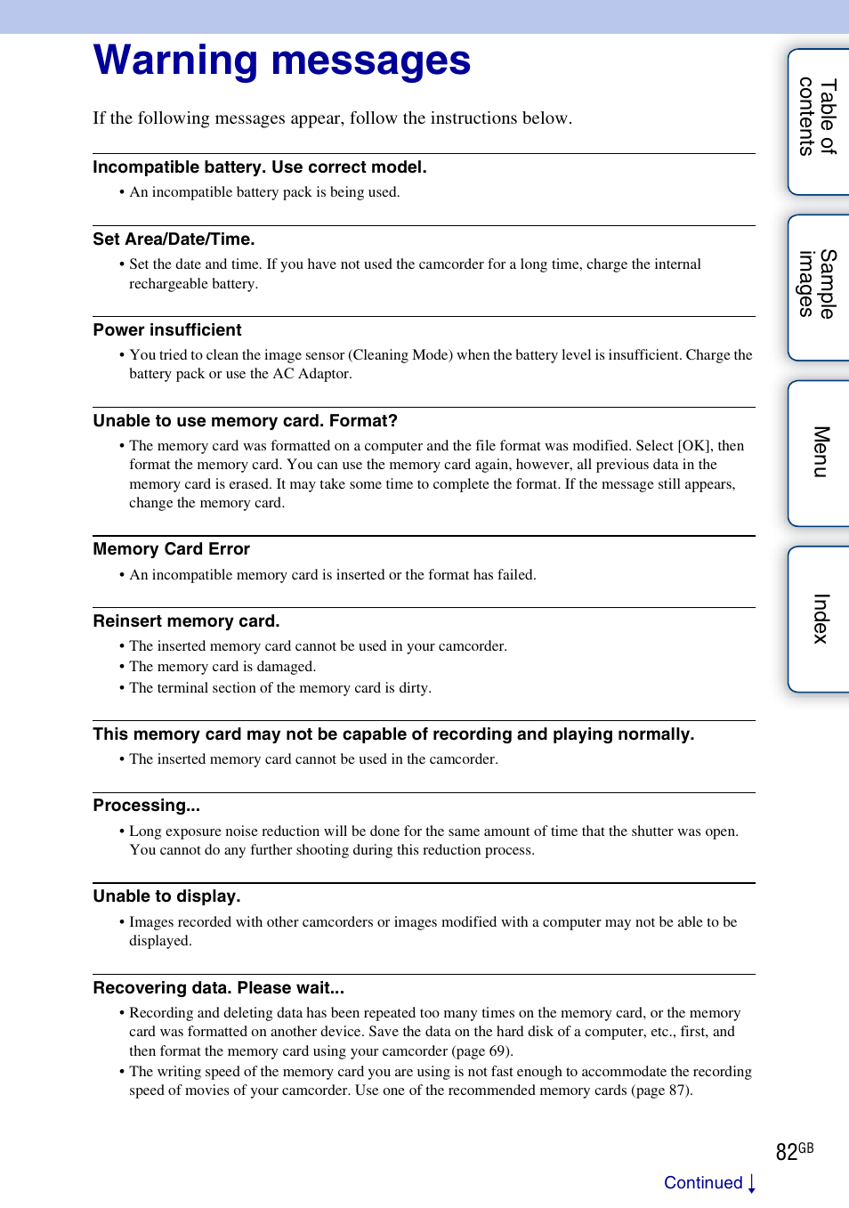 Warning messages | Sony NEX-VG10 User Manual | Page 82 / 95
