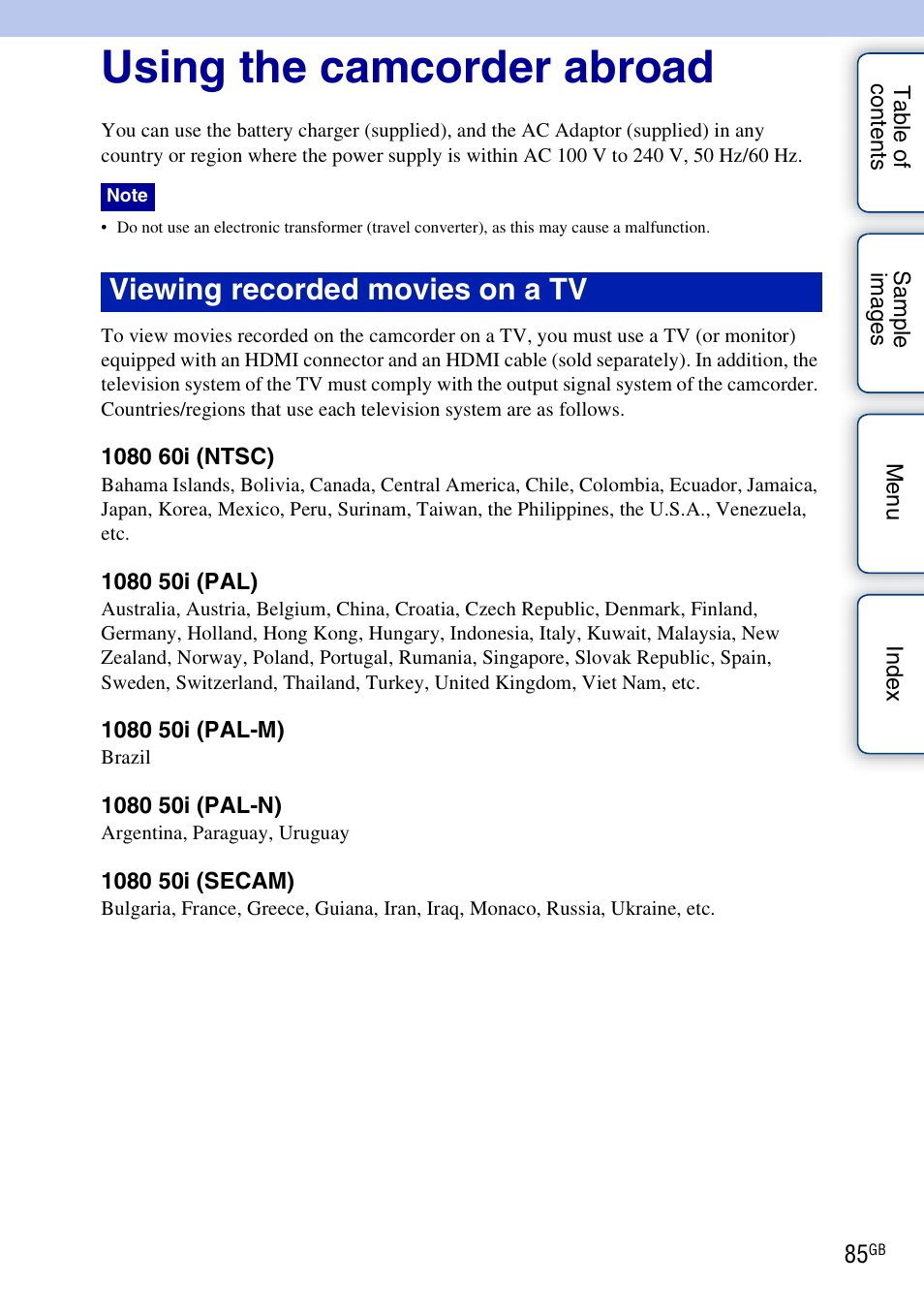 Using the camcorder abroad, Others, Viewing recorded movies on a tv | Sony NEX-VG10 User Manual | Page 85 / 95