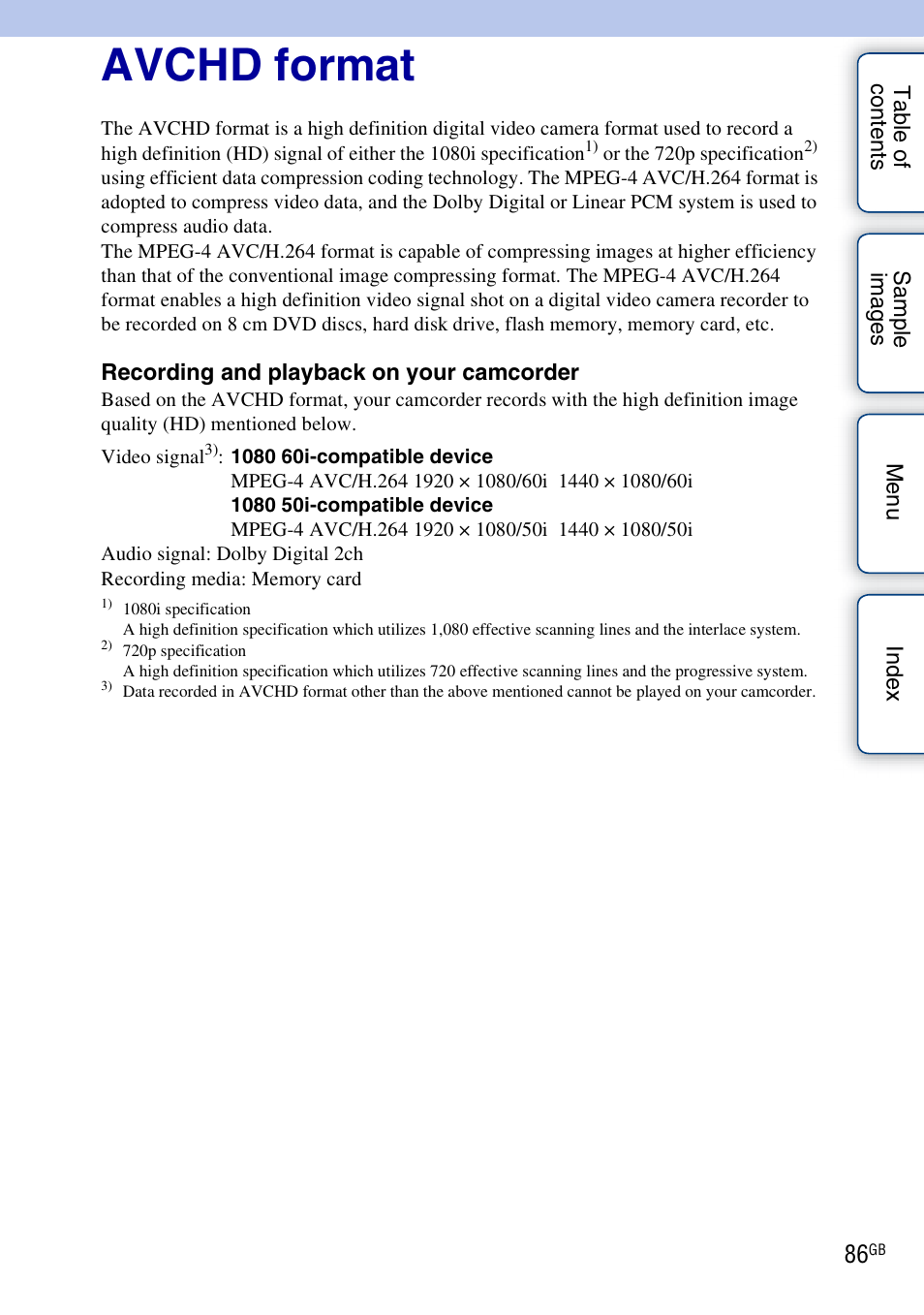 Avchd format | Sony NEX-VG10 User Manual | Page 86 / 95