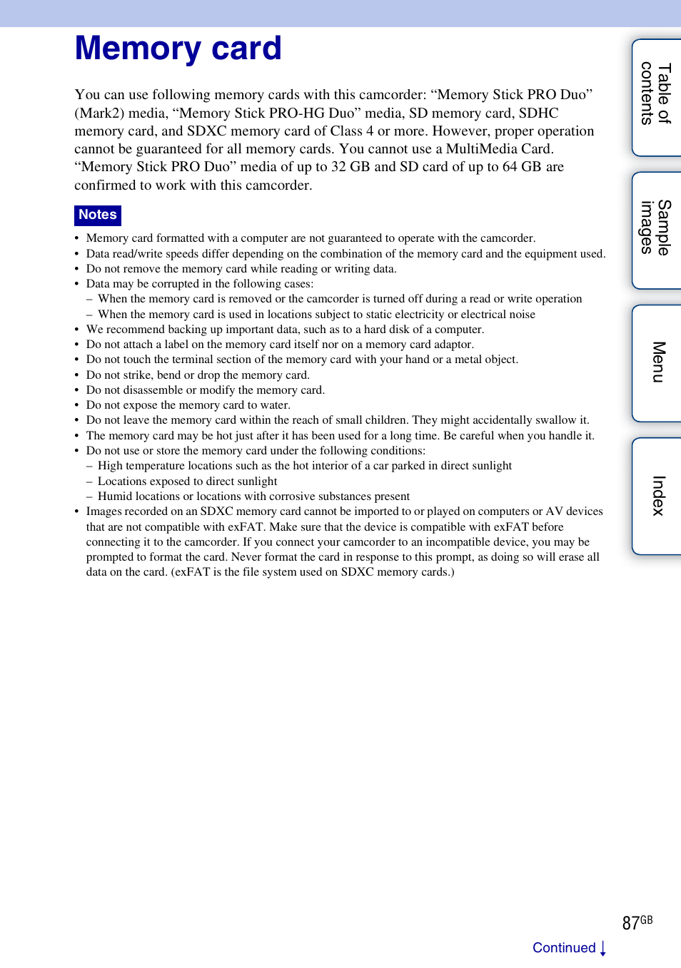 Memory card | Sony NEX-VG10 User Manual | Page 87 / 95