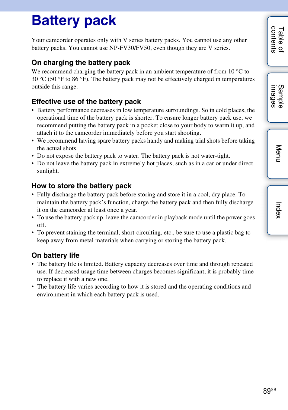Battery pack | Sony NEX-VG10 User Manual | Page 89 / 95