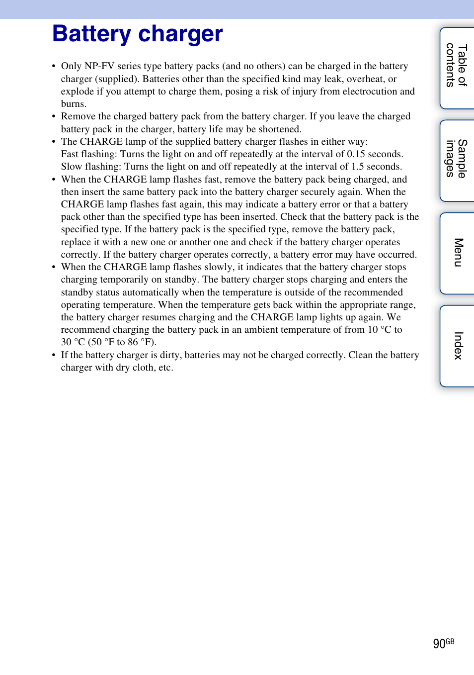 Battery charger | Sony NEX-VG10 User Manual | Page 90 / 95