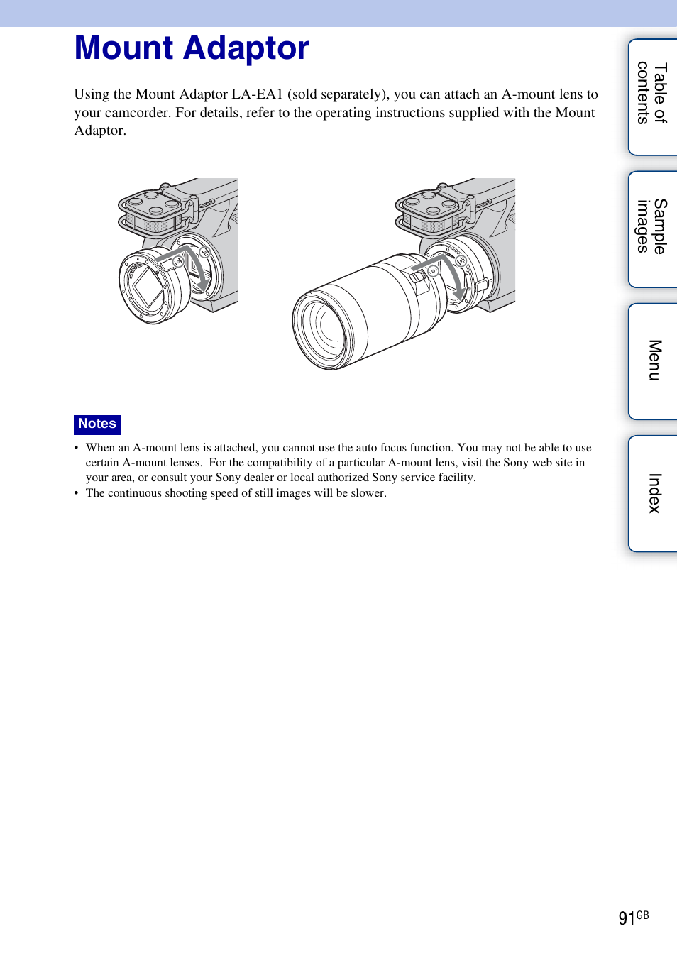 Mount adaptor | Sony NEX-VG10 User Manual | Page 91 / 95