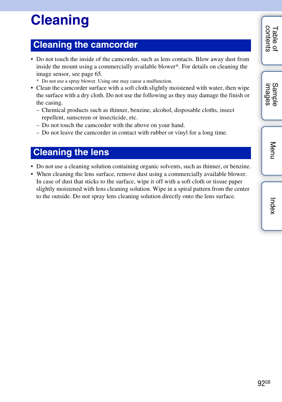Cleaning, Cleaning the camcorder cleaning the lens | Sony NEX-VG10 User Manual | Page 92 / 95