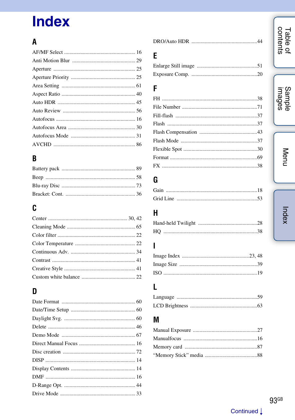 Index | Sony NEX-VG10 User Manual | Page 93 / 95
