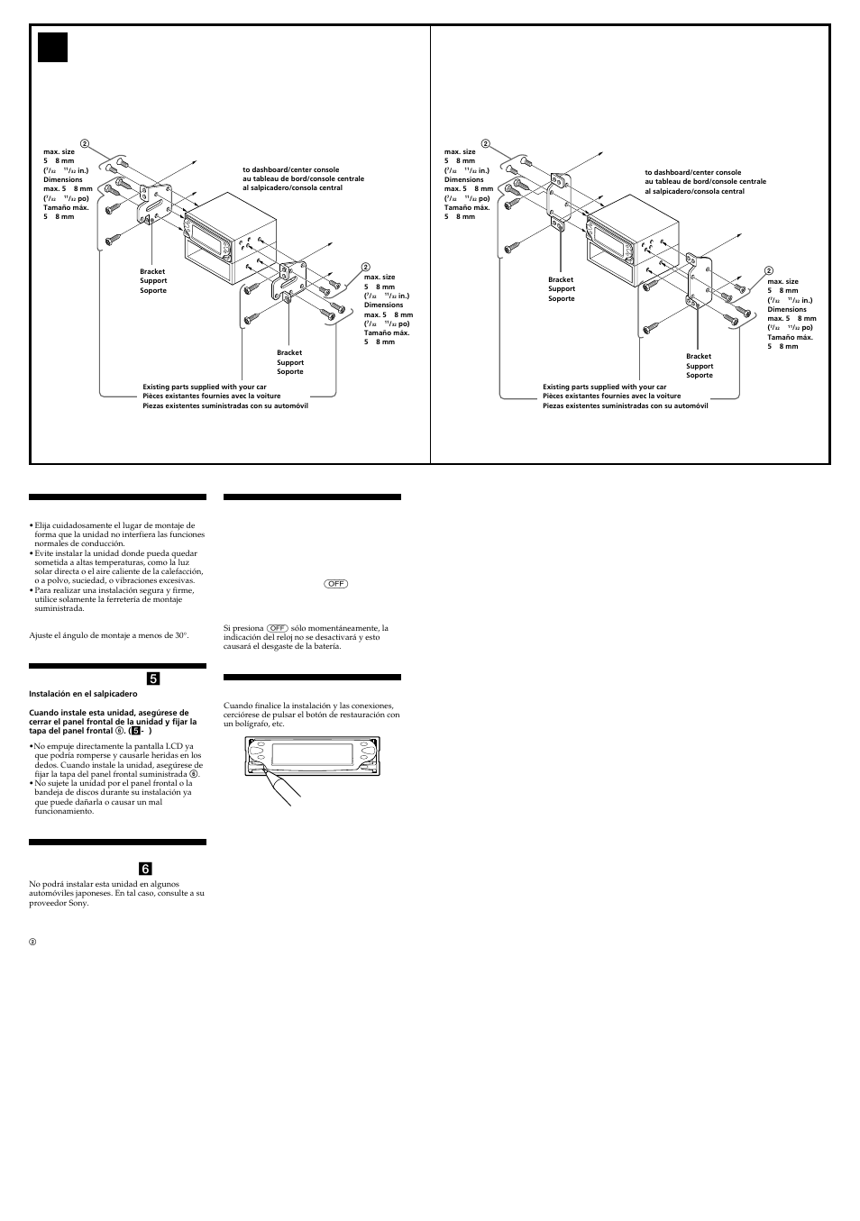 Toyota, Nissan, Precauciones | Ejemplo de montaje ( 5 ), Montaje de la unidad en un automóvil japonés ( 6 ), Botón de restauración | Sony MEX-5DI User Manual | Page 4 / 4