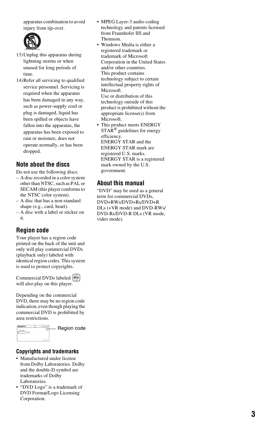 Region code, About this manual, Copyrights and trademarks | Sony DVP-SR210P User Manual | Page 3 / 12