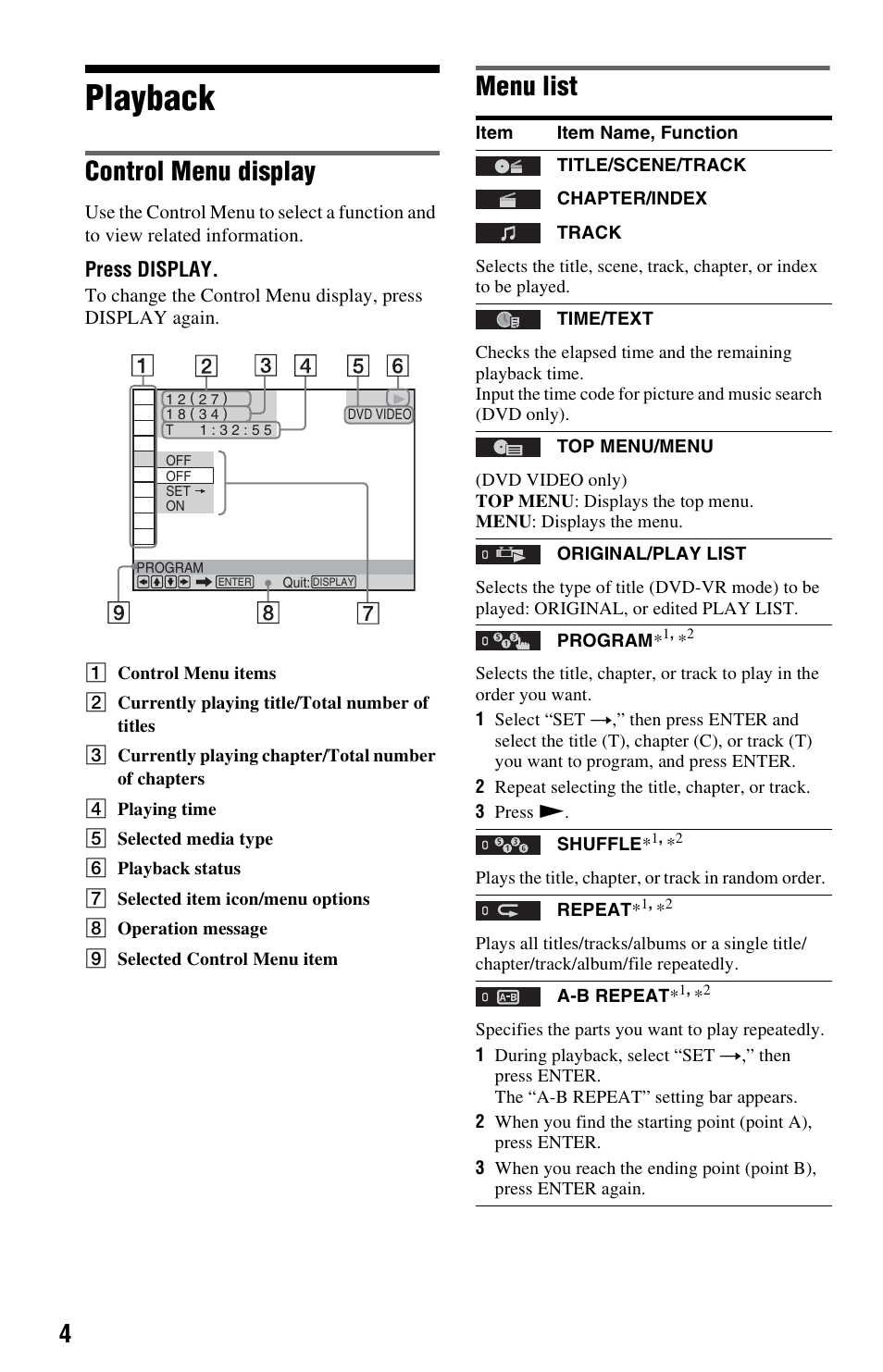 Playback, Control menu display, Menu list | Press display | Sony DVP-SR210P User Manual | Page 4 / 12