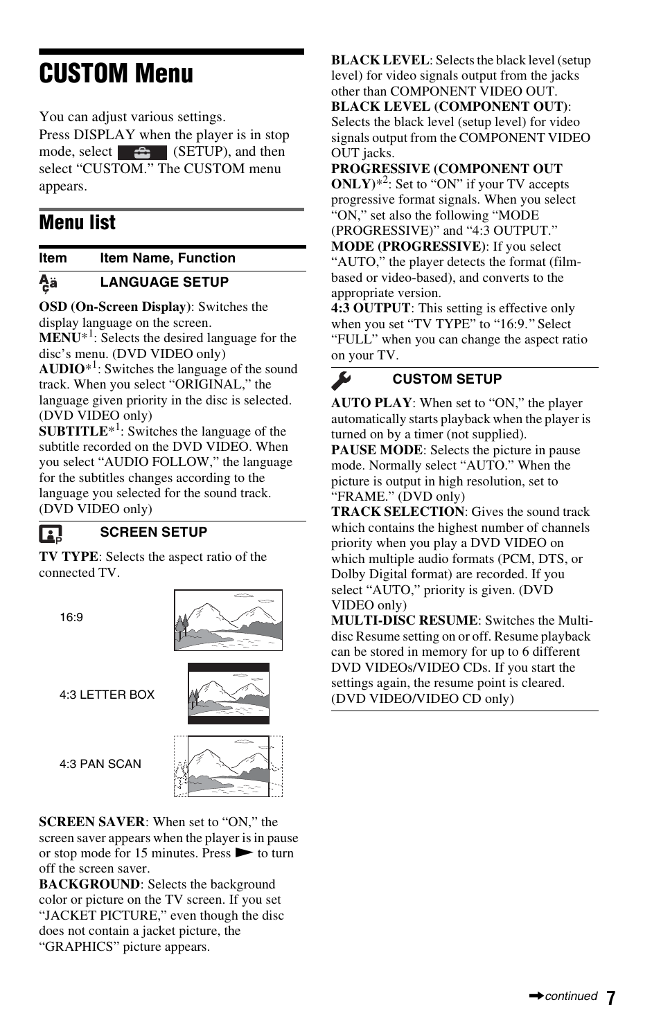 Custom menu, Menu list | Sony DVP-SR210P User Manual | Page 7 / 12