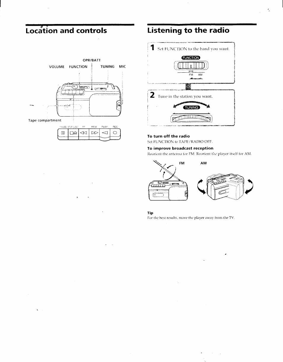 To turn off the radio, To improve broadcast reception, Location and controls listening to the radio | Ie i fi j.i | Sony CFM-10 User Manual | Page 2 / 5
