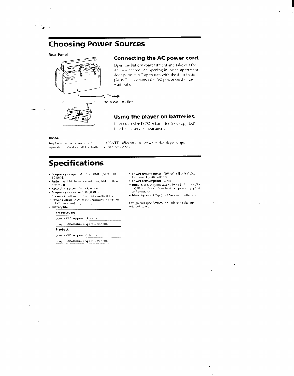 Connecting the ac power cord, Using the player on batteries, Note | Choosing power sources, Specifications | Sony CFM-10 User Manual | Page 4 / 5