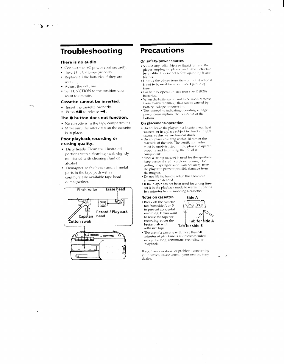 There is no audio, On safety/power sources, Notes on cassettes | Troubieshooting precautions | Sony CFM-10 User Manual | Page 5 / 5