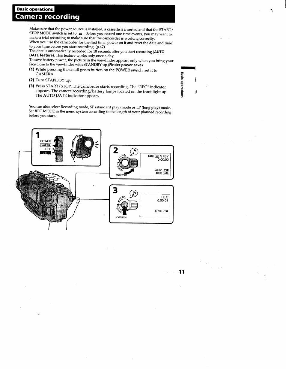 I basic operations, Camera recording | Sony CCD-TR930 User Manual | Page 11 / 71