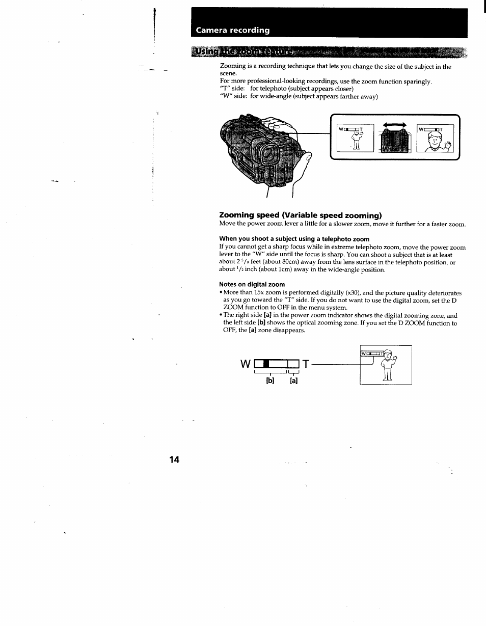 Zooming speed (variable speed zooming), When you shoot a subject using a telephoto zoom, Notes on digital zoom | B] [a | Sony CCD-TR930 User Manual | Page 14 / 71