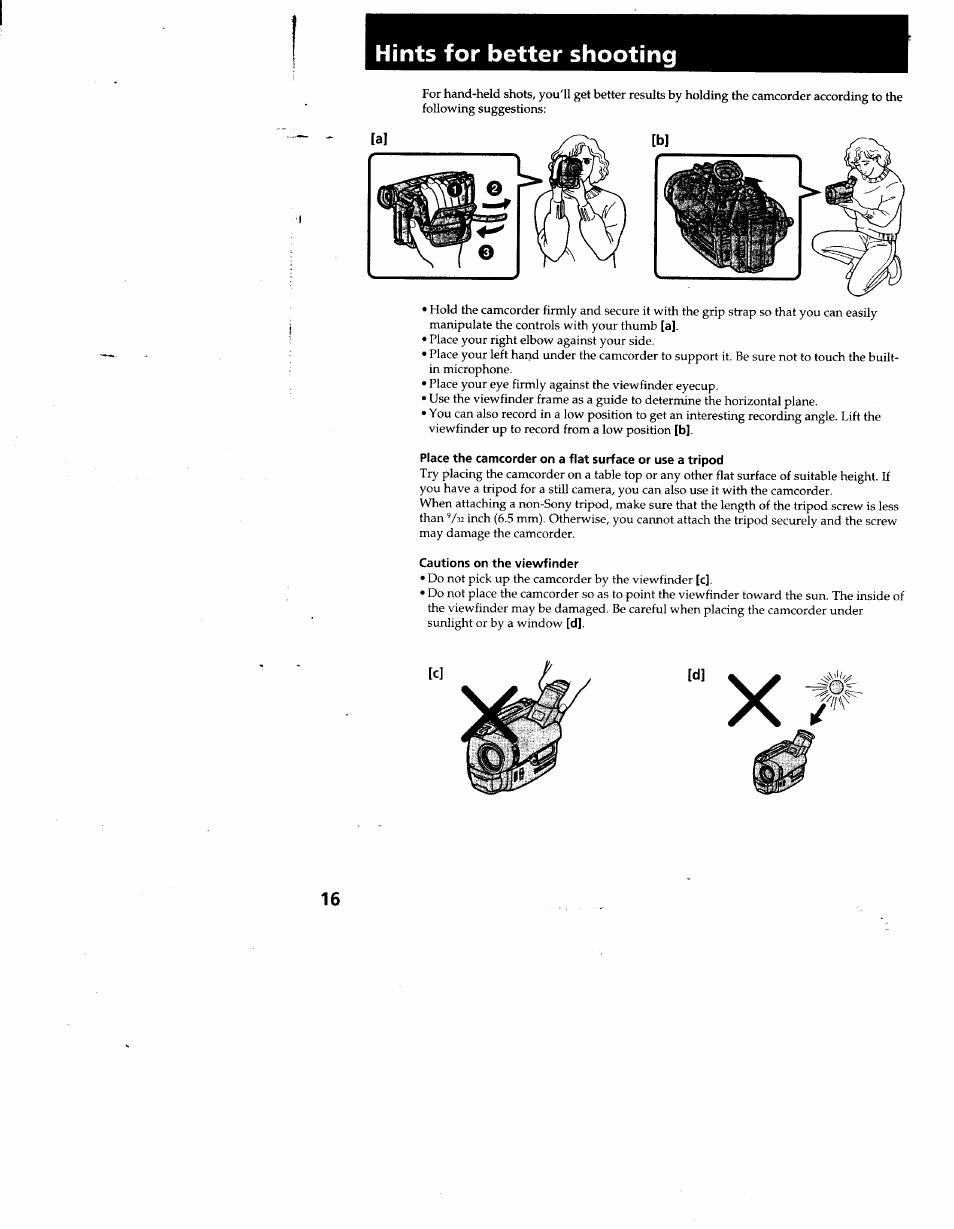 Cautions on the viewfinder, Hints for better shooting | Sony CCD-TR930 User Manual | Page 16 / 71