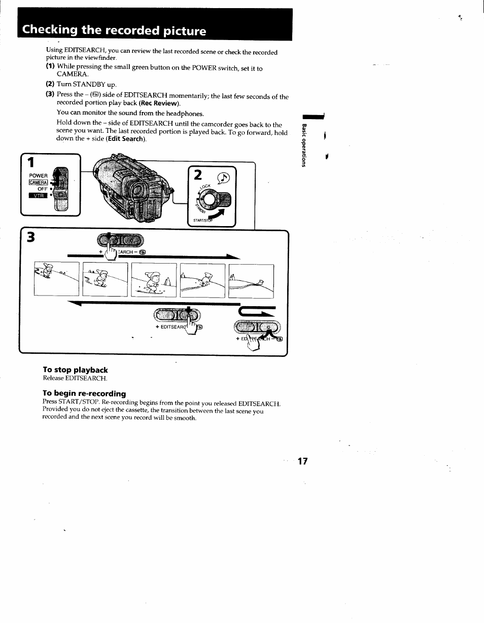 To stop playback, To begin re-recording, Checking the recorded picture | Sony CCD-TR930 User Manual | Page 17 / 71