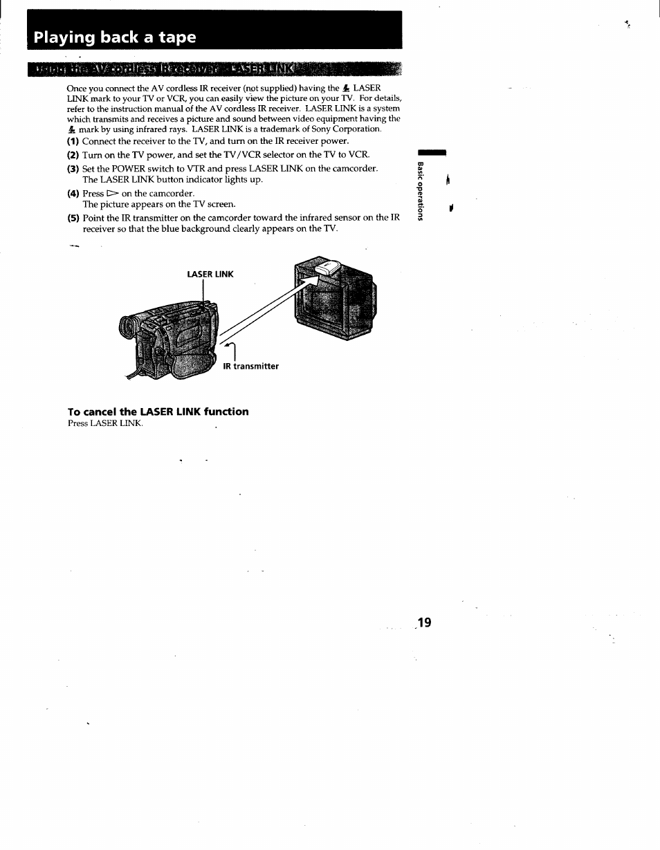 To cancel the laser link function, Playing back a tape | Sony CCD-TR930 User Manual | Page 19 / 71