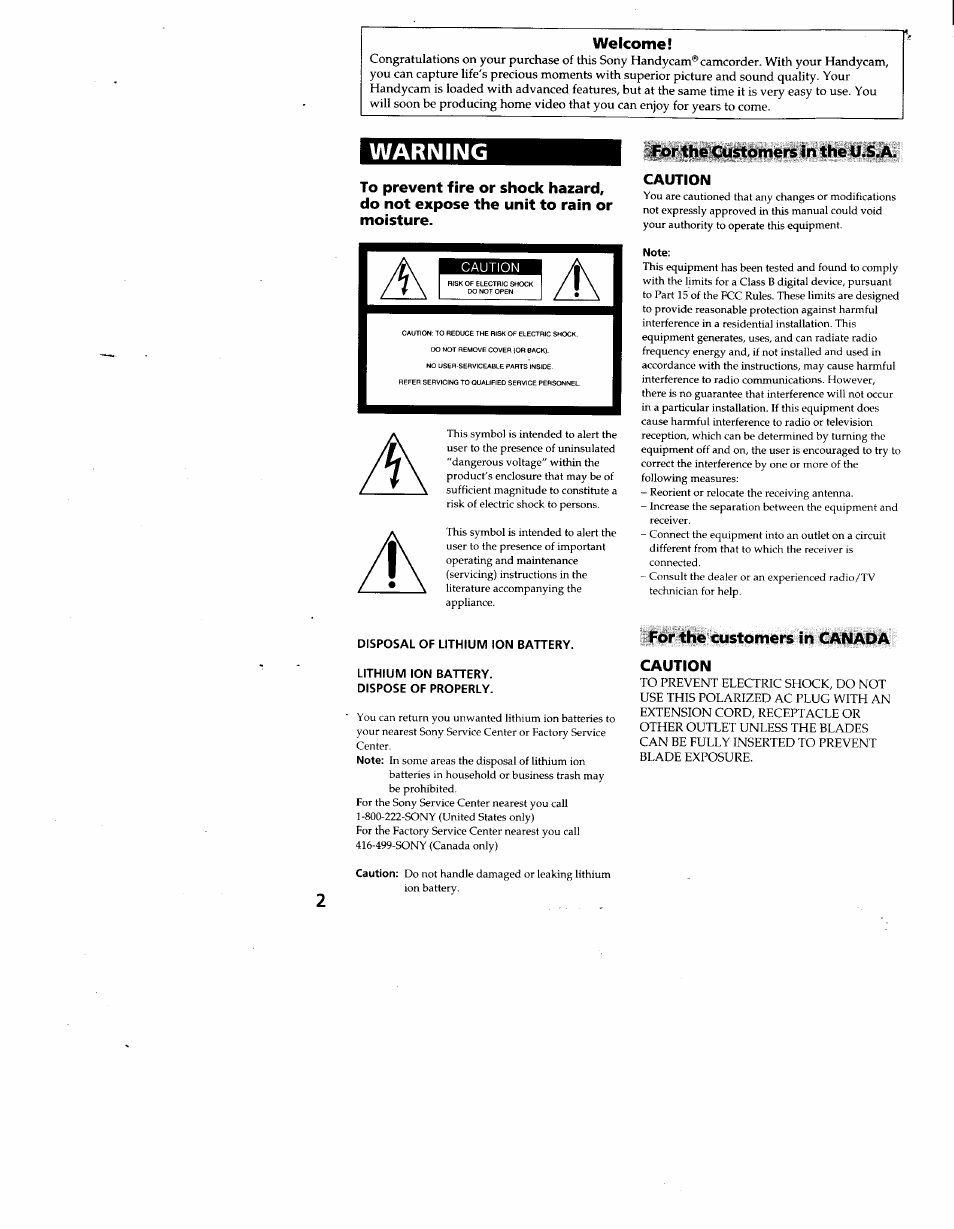 Welcome, For the customers in the u.s.a. caution, Note | Disposal of lithium ion battery, Lithium ion battery, Dispose of properly, For the customers in canada caution, Warning | Sony CCD-TR930 User Manual | Page 2 / 71