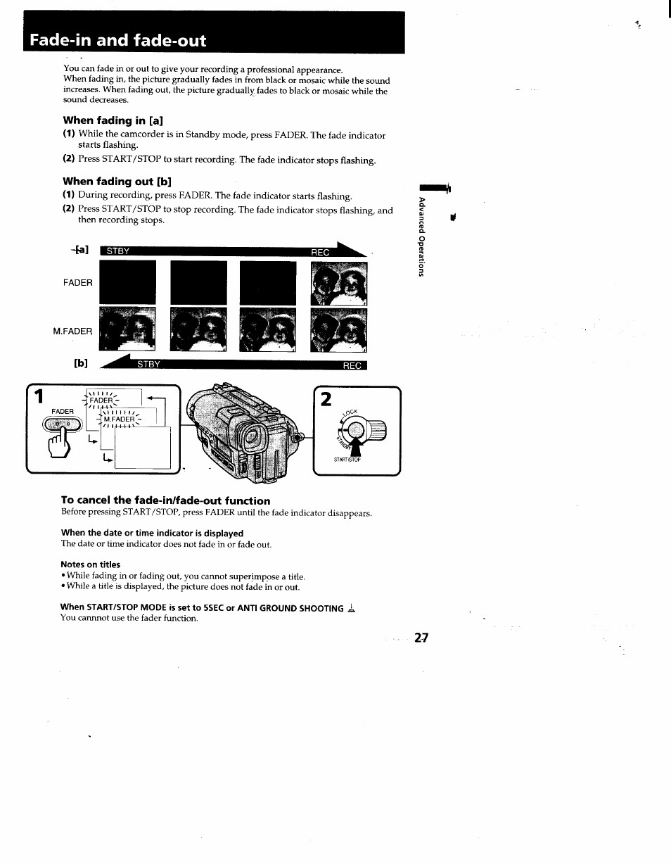 When fading in [a, To cancel the fade-in/fade-out function, When the date or time indicator is displayed | Notes on titles, Fade-in and fade-out | Sony CCD-TR930 User Manual | Page 27 / 71