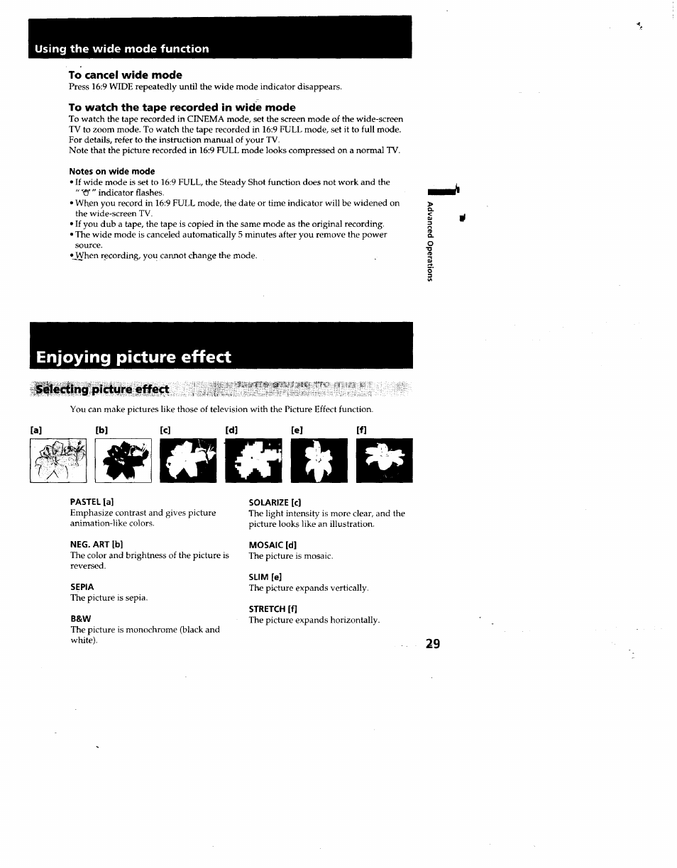 To cancel wide mode, To watch the tape recorded in wide mode, Notes on wide mode | Selecting picture effect, Pastel [a, Neg. art lb, Sepia, Solarize ic, Mosaic [d, Slim [e | Sony CCD-TR930 User Manual | Page 29 / 71