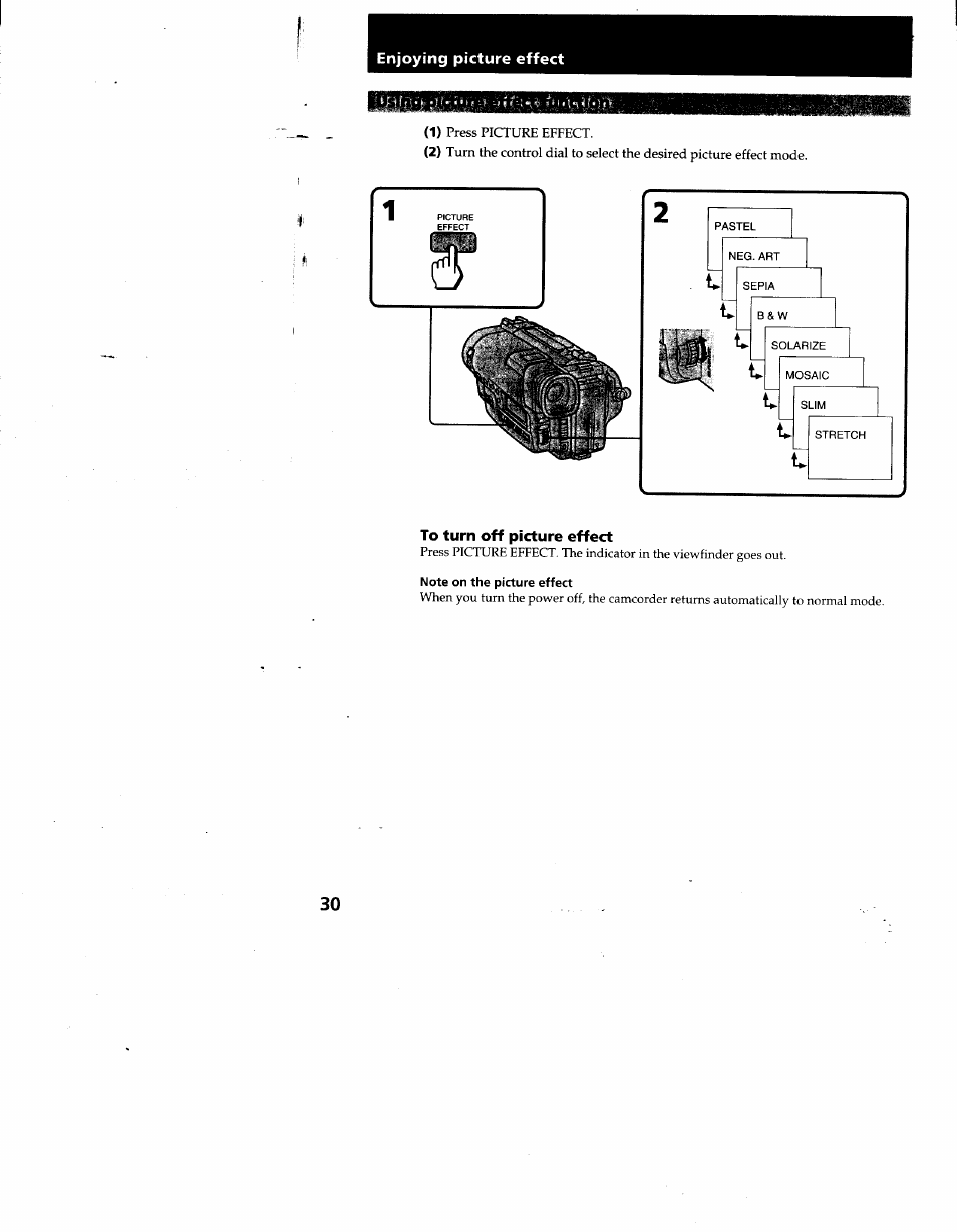 Enjoying picture effect, To turn off picture effect, Note on the picture effect | Sony CCD-TR930 User Manual | Page 30 / 71