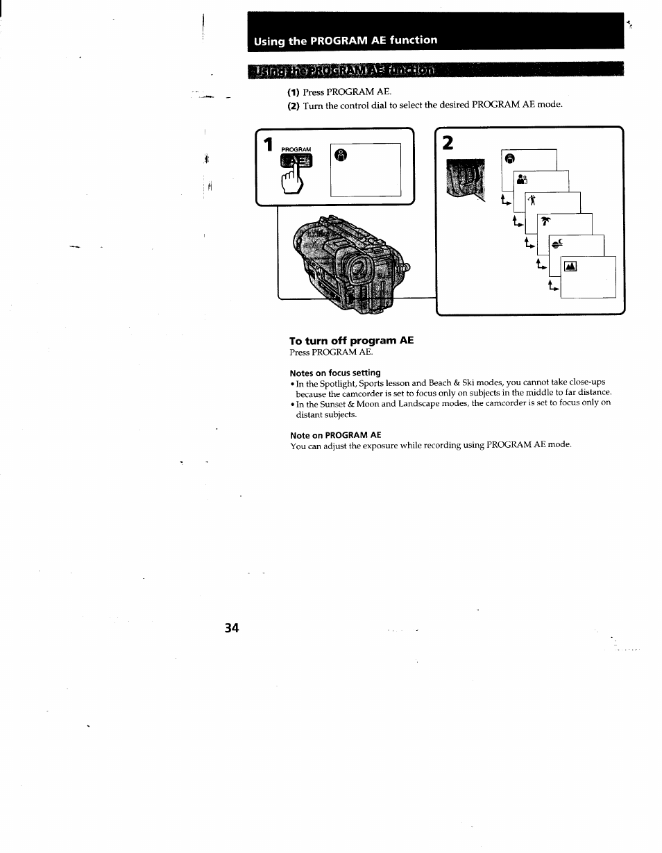 Using the program ae function, To turn off program ae, Notes on focus setting | Note on program ae, I h * > • iit»;i.v'i | Sony CCD-TR930 User Manual | Page 34 / 71