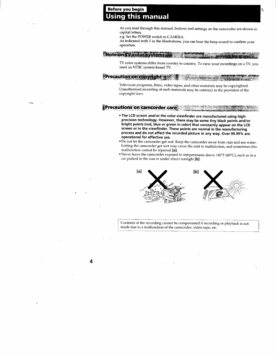 I before you begin, Iprecaution on copyright, I^precautions on camcorder care | Using this manual | Sony CCD-TR930 User Manual | Page 4 / 71