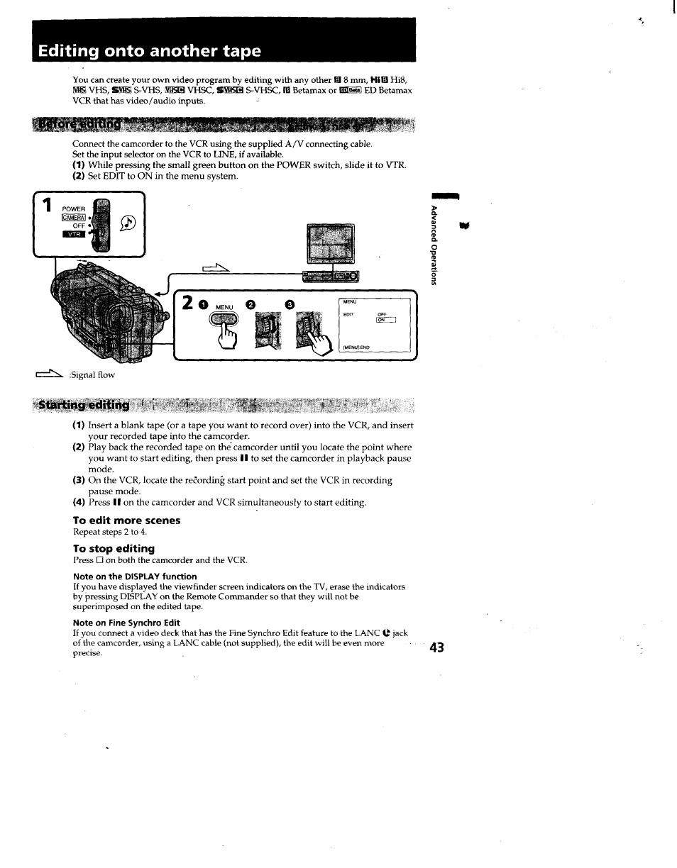 Starting editing, To edit more scenes, To stop editing | Note on the display function, Note on fine synchro edit, Editing onto another tape | Sony CCD-TR930 User Manual | Page 43 / 71