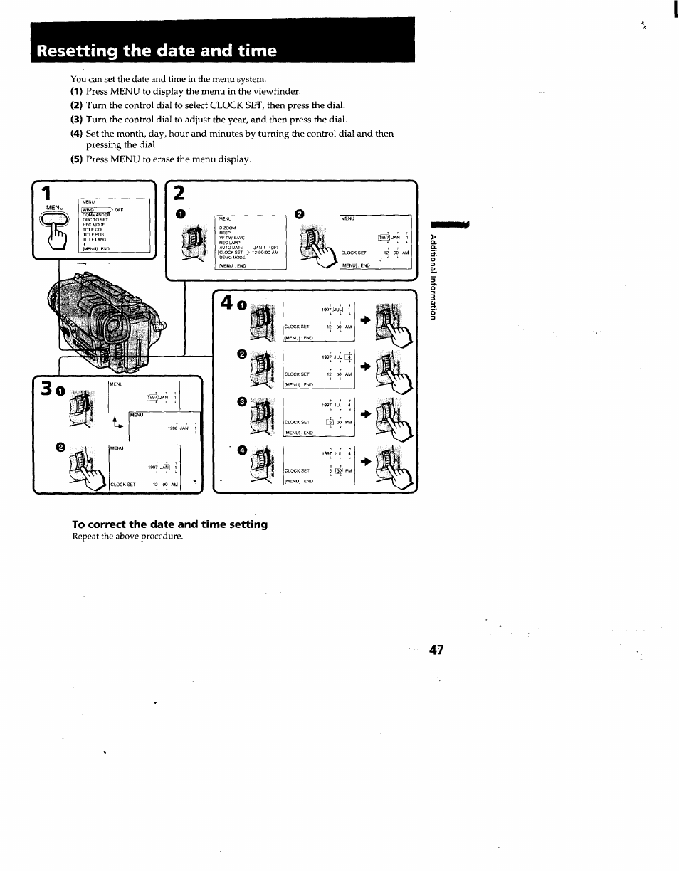 To correct the date and time setting, Resetting the date and time | Sony CCD-TR930 User Manual | Page 47 / 71