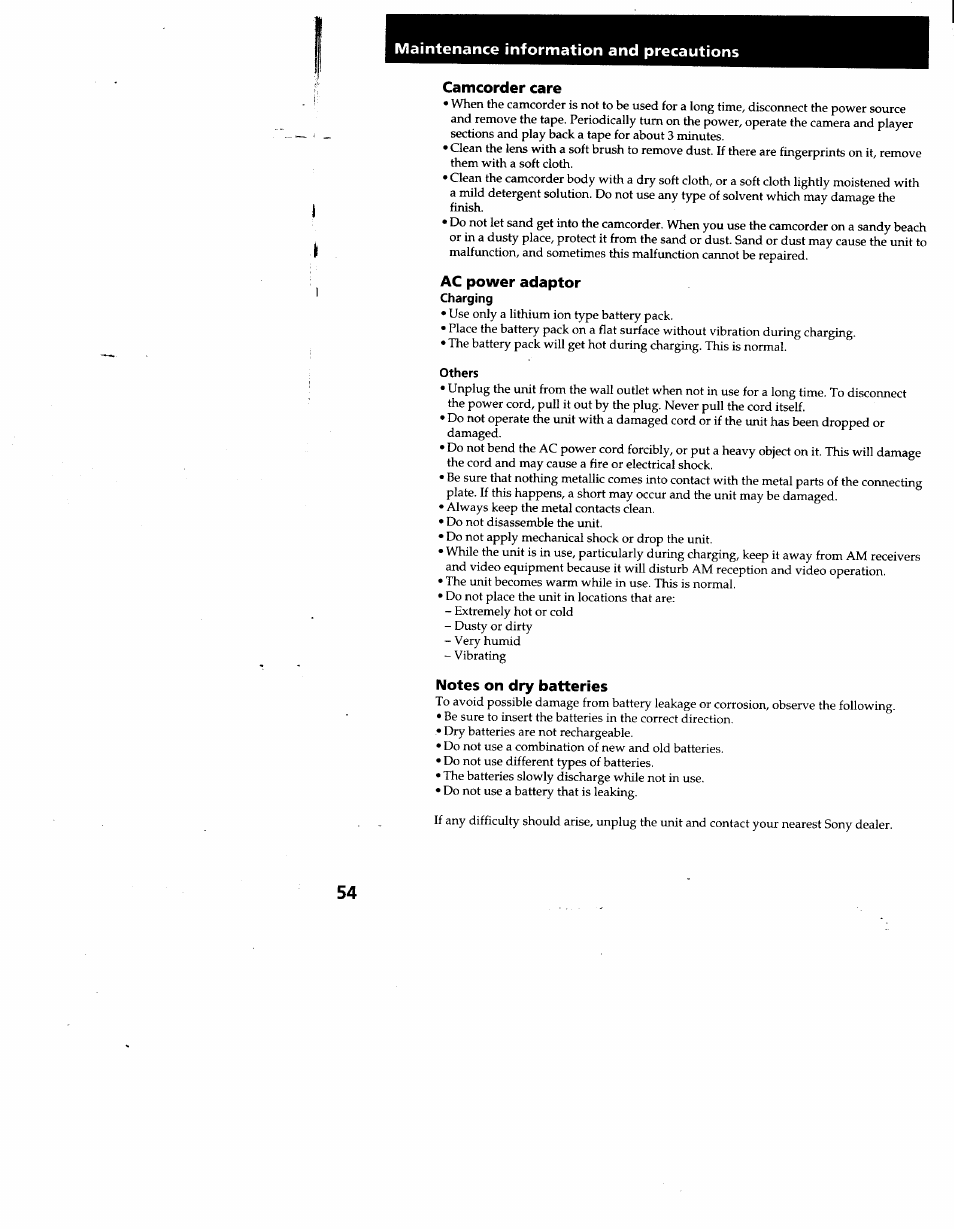 Camcorder care, Ac power adaptor, Others | Notes on dry batteries | Sony CCD-TR930 User Manual | Page 54 / 71