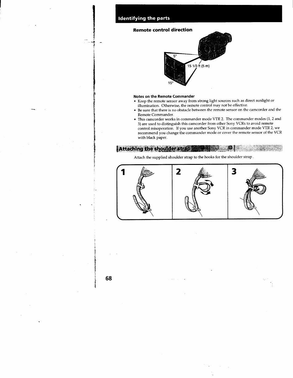 Remote control direction, Notes on the remote commander, I attaching the shotil | Sony CCD-TR930 User Manual | Page 68 / 71