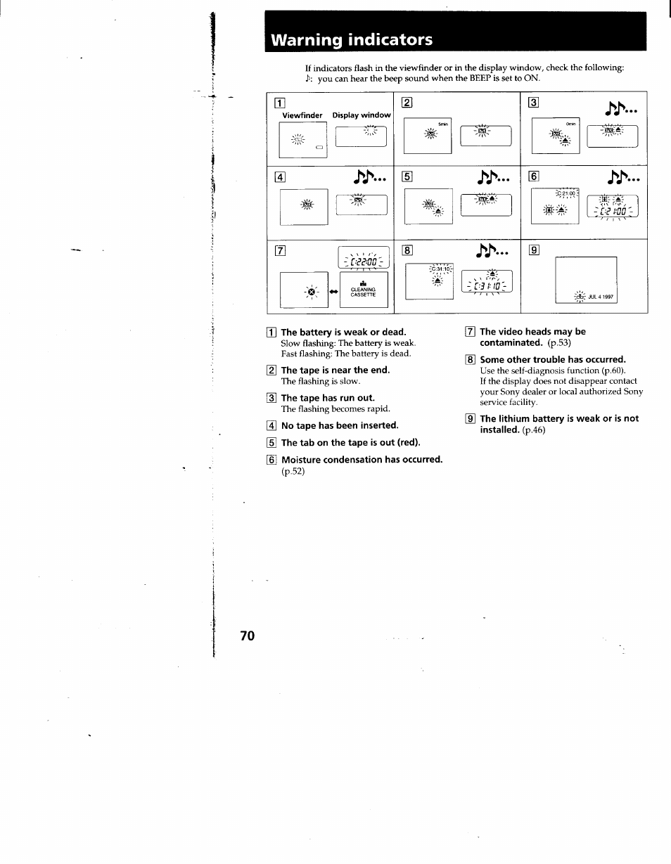 T] the battery is weak or dead, The tape is near the end, The tape has run out | S] no tape has been inserted, 5] the tab on the tape is out (red), 6] moisture condensation has occurred, 0 the video heads may be contaminated, (p.53), U some other trouble has occurred, Warning indicators | Sony CCD-TR930 User Manual | Page 70 / 71