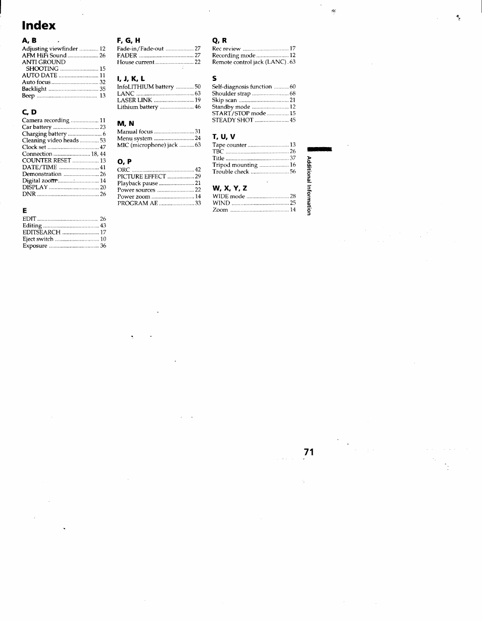 Index, C. d, F. g. h | I, j. k, l, M, n o, p, Q, r, T, u. v, W. x, y, z | Sony CCD-TR930 User Manual | Page 71 / 71