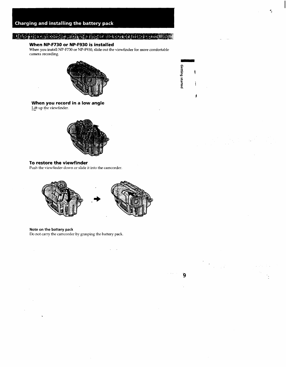 When np-f730 or np-f930 is installed, When you record in a low angle, To restore the viewfinder | Sony CCD-TR930 User Manual | Page 9 / 71