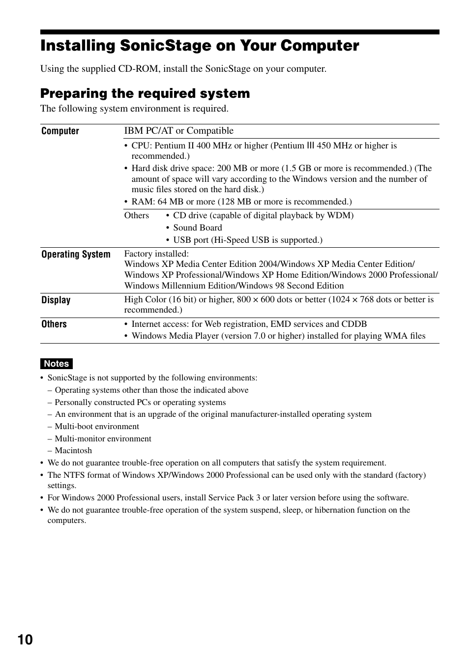 Installing sonicstage on your computer, Preparing the required system, Installing sonicstage | On your computer | Sony NW-HD1 User Manual | Page 10 / 46