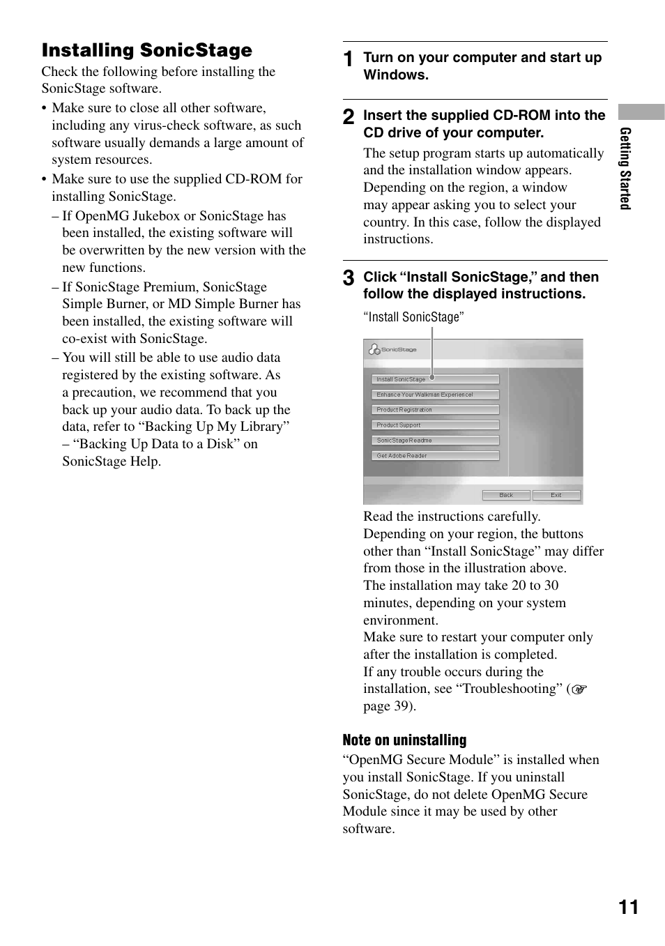 Installing sonicstage | Sony NW-HD1 User Manual | Page 11 / 46