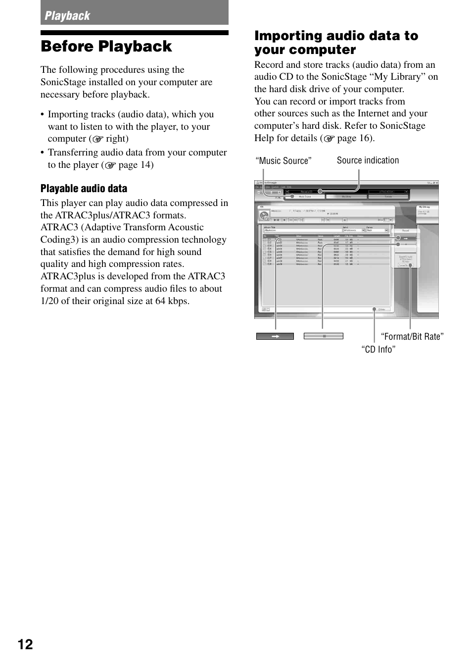 Playback, Before playback, Importing audio data to your computer | Sony NW-HD1 User Manual | Page 12 / 46