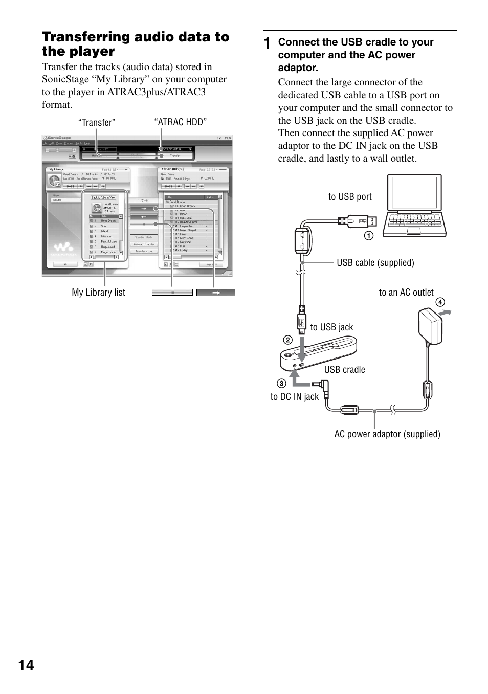 Transferring audio data to the player | Sony NW-HD1 User Manual | Page 14 / 46